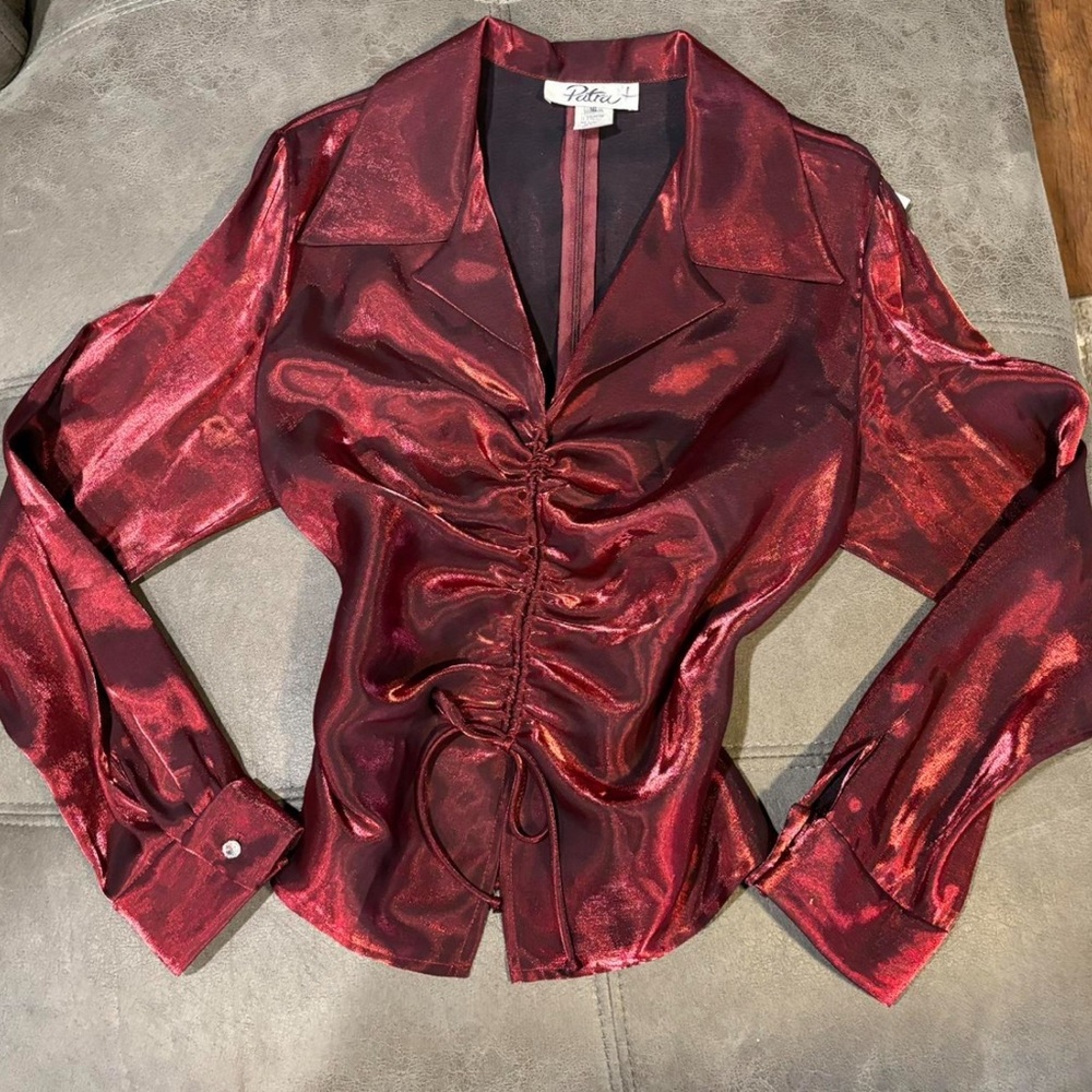 Burgundy and red satin blouse with a ruched front